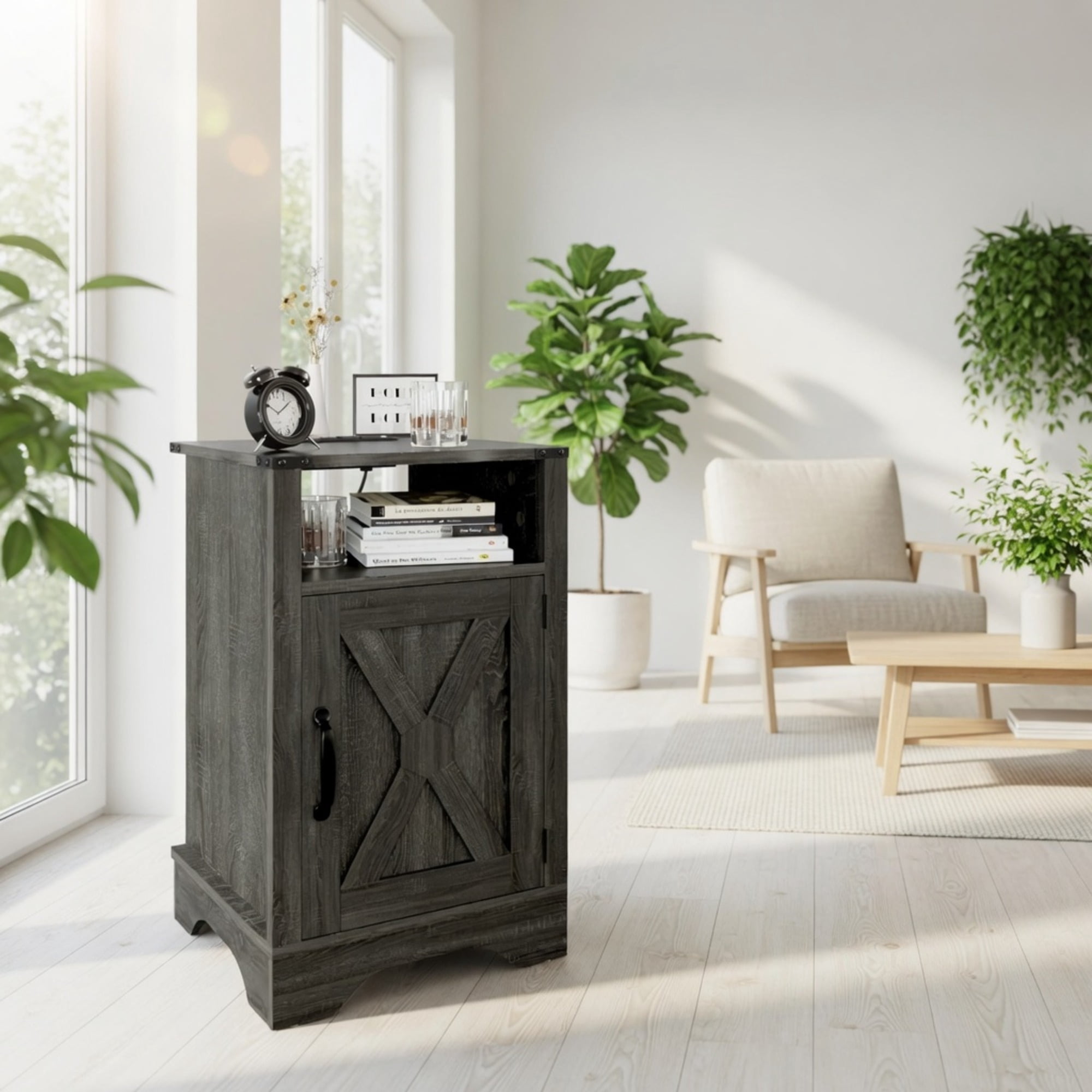 16" Dark Grey Farmhouse Nightstand w/ Charging Station & Storage