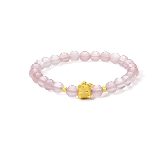ZHOU LIU FU 24K Gold Bracelet for Women Solid Gold Jewelry Lucky Rabbit Zodiac Bowknot Cherry Blossom Prehnite Rose Quartz Beaded Bracelet for Her A1911099