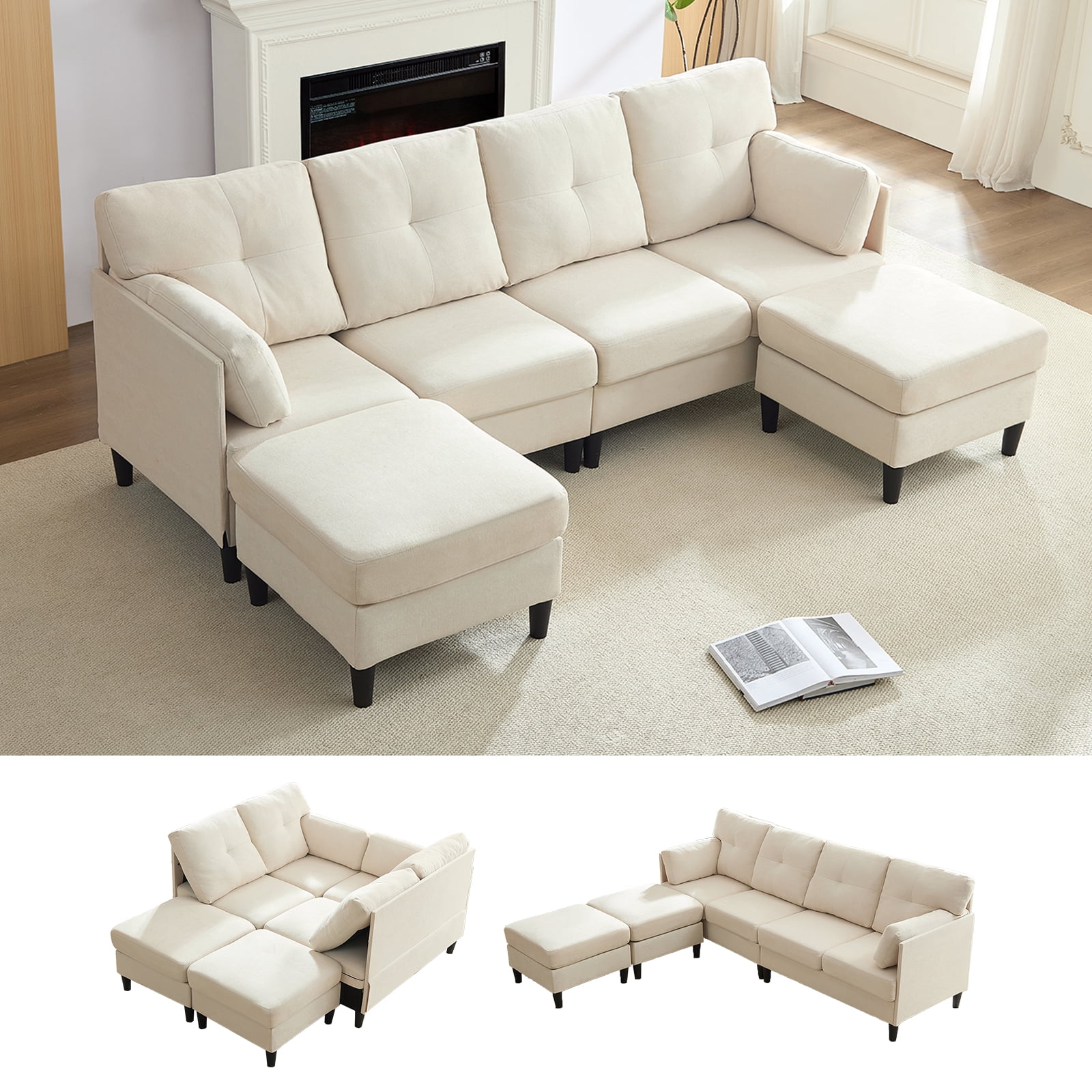 ijuicy Convertible U/L Shaped Sectional Sofa with Chaises , 6 Seater Couch for Living Room, Beige