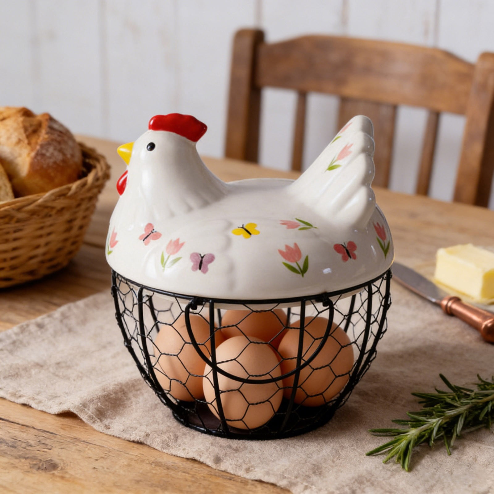 Farmhouse Egg Basket with Ceramic Lid, Black Wire Egg Holder for Fresh Eggs, Decorative Chicken Design Egg Storage Container, Kitchen Countertop Organizer Case for Eggs
