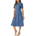 thumbnail image 4 of INSPIRE CHIC Women's Denim Dress Short Sleeves Turndown Collar A-Line Button Up Jean Midi Dresses XS Blue, 4 of 6