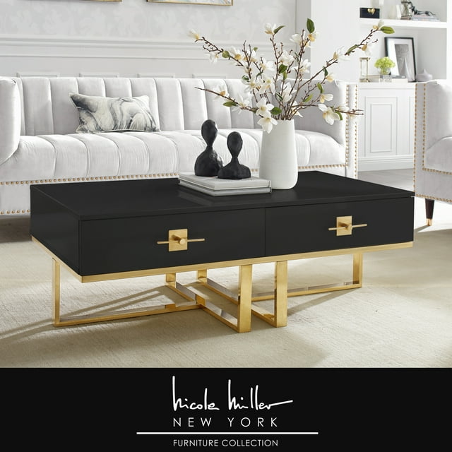 Nicole Miller Plumeria Table Basse 2 Tiroirs Finition Laque Brillante Base en Acier Inoxydable Poli