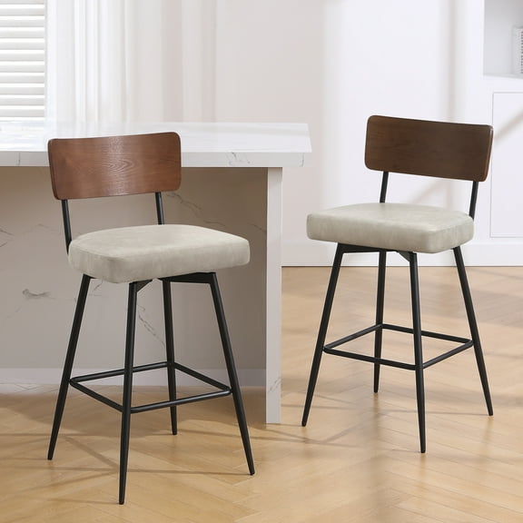 ANMINY PU Swivel Bar Stools Set of 2, 26" Seat Height, Upholstered Faux Leather Island Counter Barstools w/ Wood Mid-Back Metal Legs Home Kitchen Stool, Griege