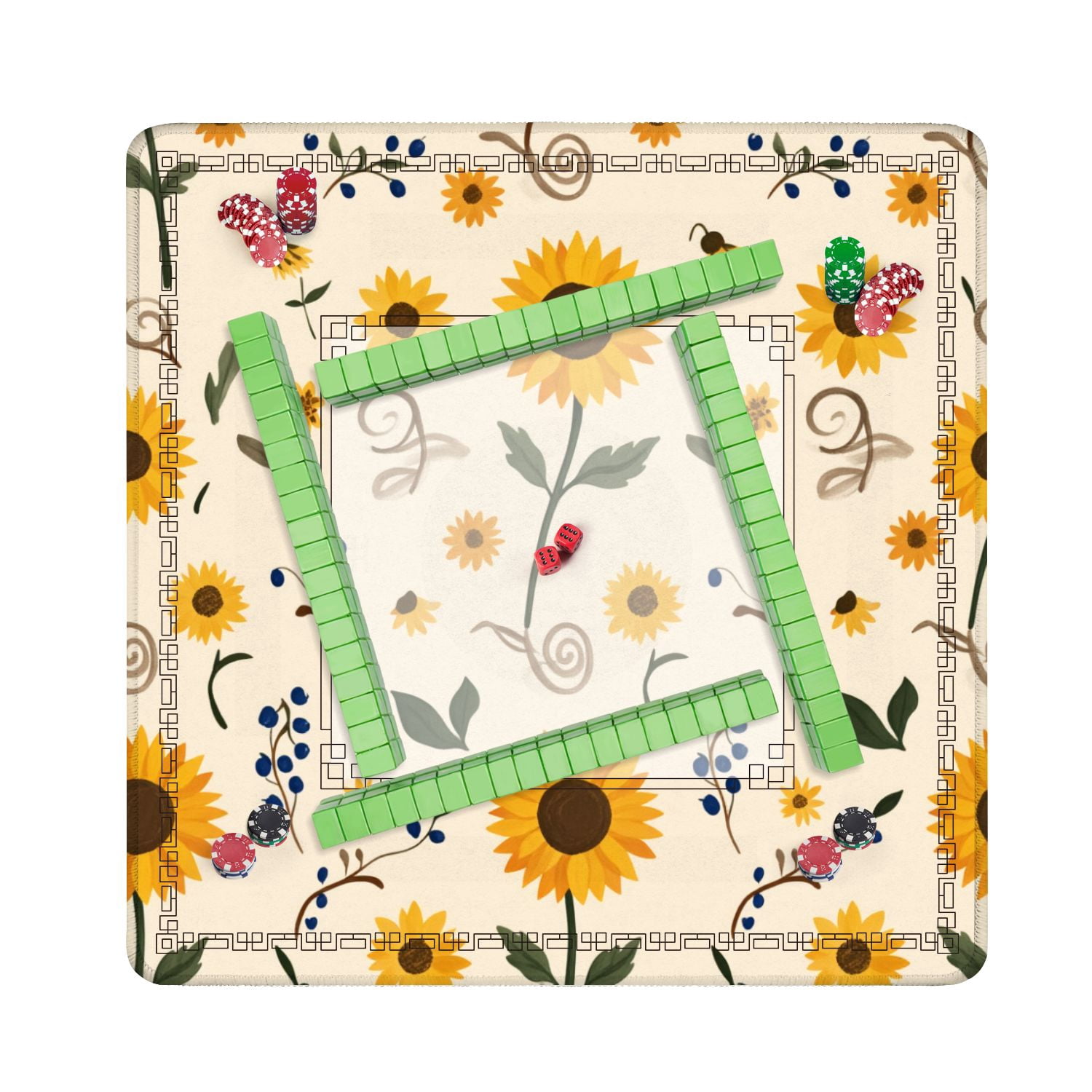 Mahjong Mat 31.5" x 31.5" Seamless Sunflowers Yellow Petals Green Leaves Beige Non-Slip Noise Reduction American Mahjong Tiles Table Cover for Dominoes Poker Card Board Games Gift
