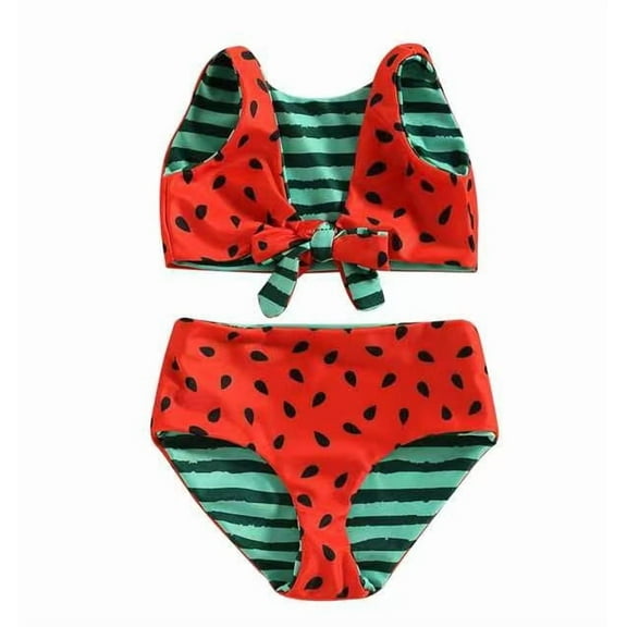 Toddler Cute 2 Piece Swimsuits Girls Summer Tie Knot Back Bikinis Swimwear Bottoms Watermelon Sweet Bathing Suit, Red, 3 Years