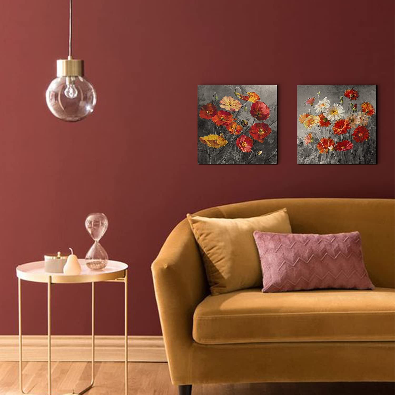 Daisiy Flower Wall Art Orange Floral Pictures Bathroom Wall Decor Red Poppy Canvas Prints for Living Room 16x16"x 3Pcs Modern Colorful Still Life Paintings Stretched and Framed Artwork Home Decoration