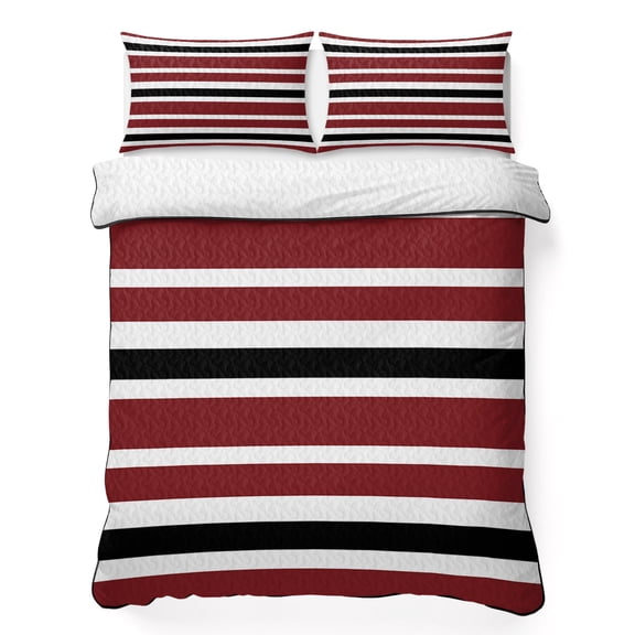 Queen Quilt Bedding Set, Vintage Burgundy Red Black White Stripes Soft Microfiber Summer Bedspread Coverlet with 2 Pillow Shams for All Season, Minimalist Line Breathable Bedding Set for Hot Sleepers