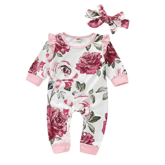 KIMI BEAR Newborn Baby Girl Romper 0-3 Months Fall Winter Flying Long Sleeves Bodysuits Floral Romper Headband 2pcs Red