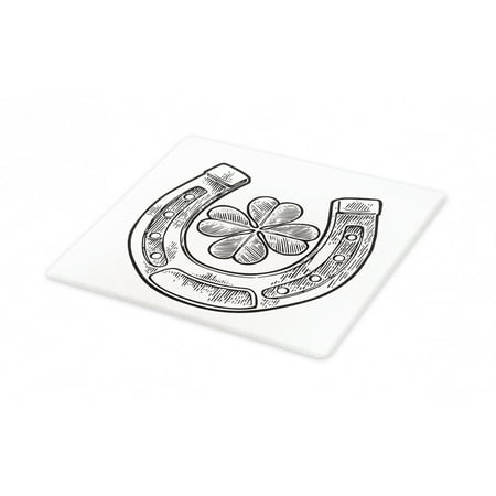 Clover Cutting Board, Luck Themed Illustration of Shamrock and Horseshoe Engraved Style, Decorative Tempered Glass Cutting and Serving Board, in 3 Sizes, by Ambesonne