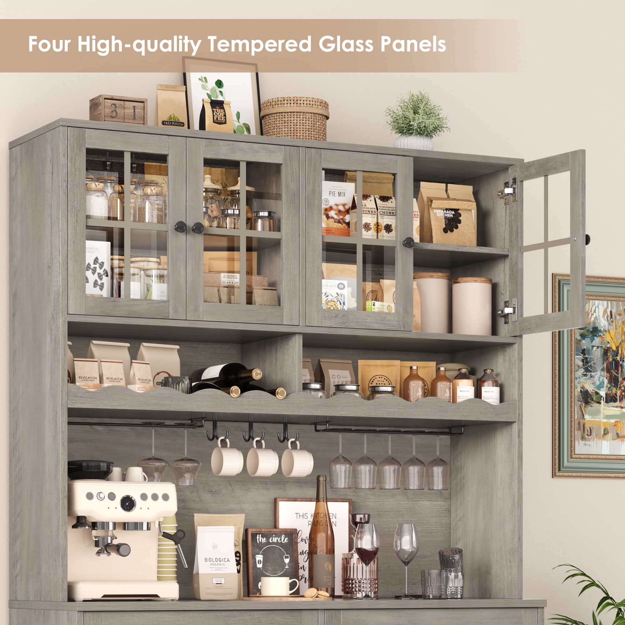 Hiphuta 75"Tall Kitchen Pantry Storage Cabinet with Power Outlet, Large Pantry Cabinet with Microwave Stand, Modern Freestanding Cupboard Hutch for Home Dinning Room, Ash Gray
