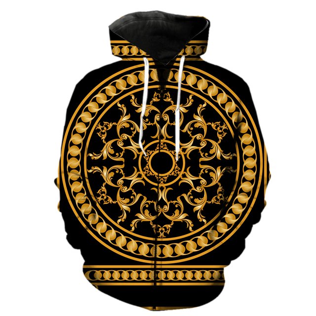 Sudadera con capucha y cremallera de lujo con estampado dorado para hombre, estilo informal, estilo Harajuku, estilo hip hop, con estampado 3D, para adolescentes, divertida, de primavera