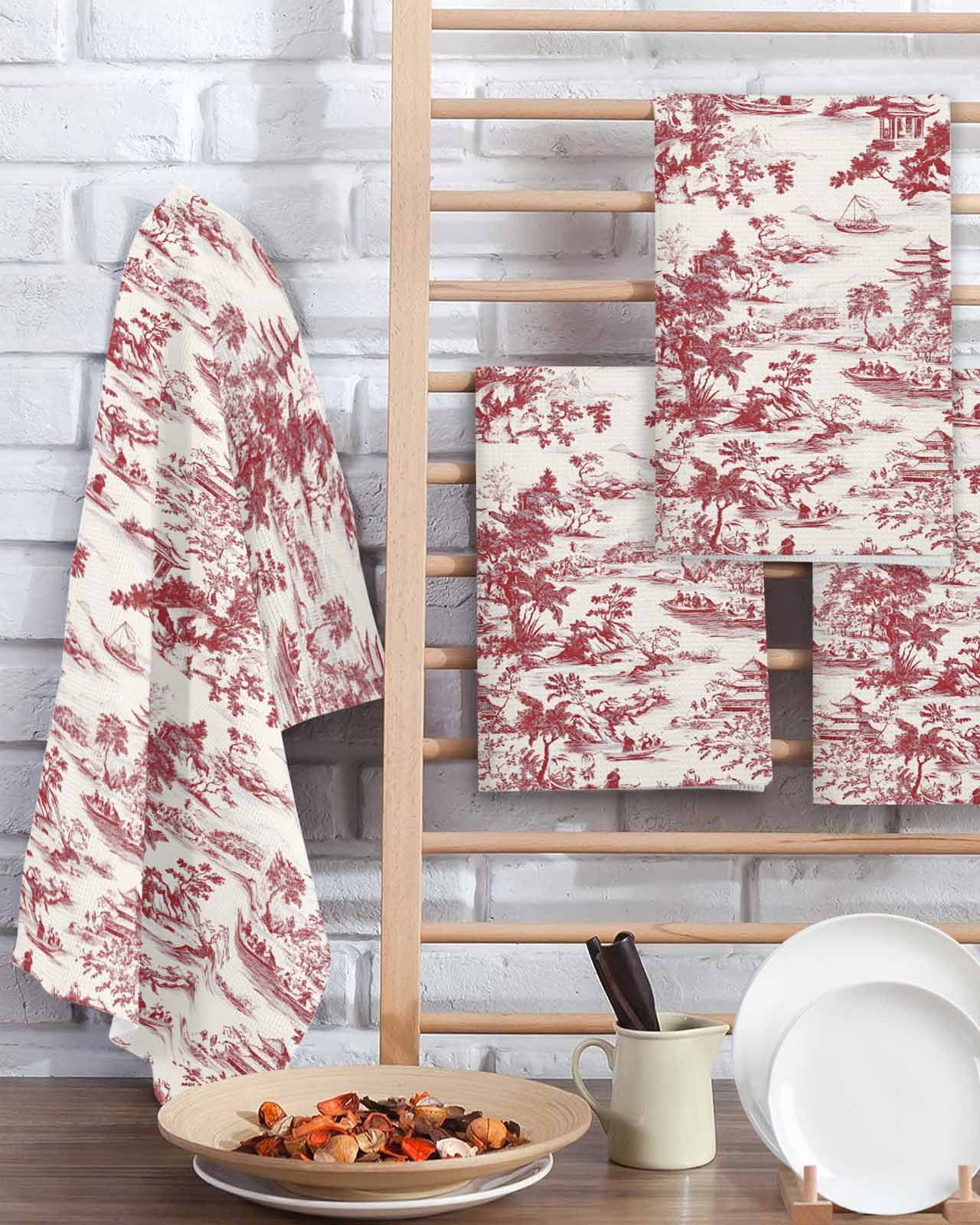 Red Garden Retro Kitchen Dish Towels for Drying Dishes Set of 4, Modern Art Building Tree Boat Waffle Weave Microfiber Terry Hand Tea Bathroom Towels Quick Dry & Absorbent Towel 15.7x23.6