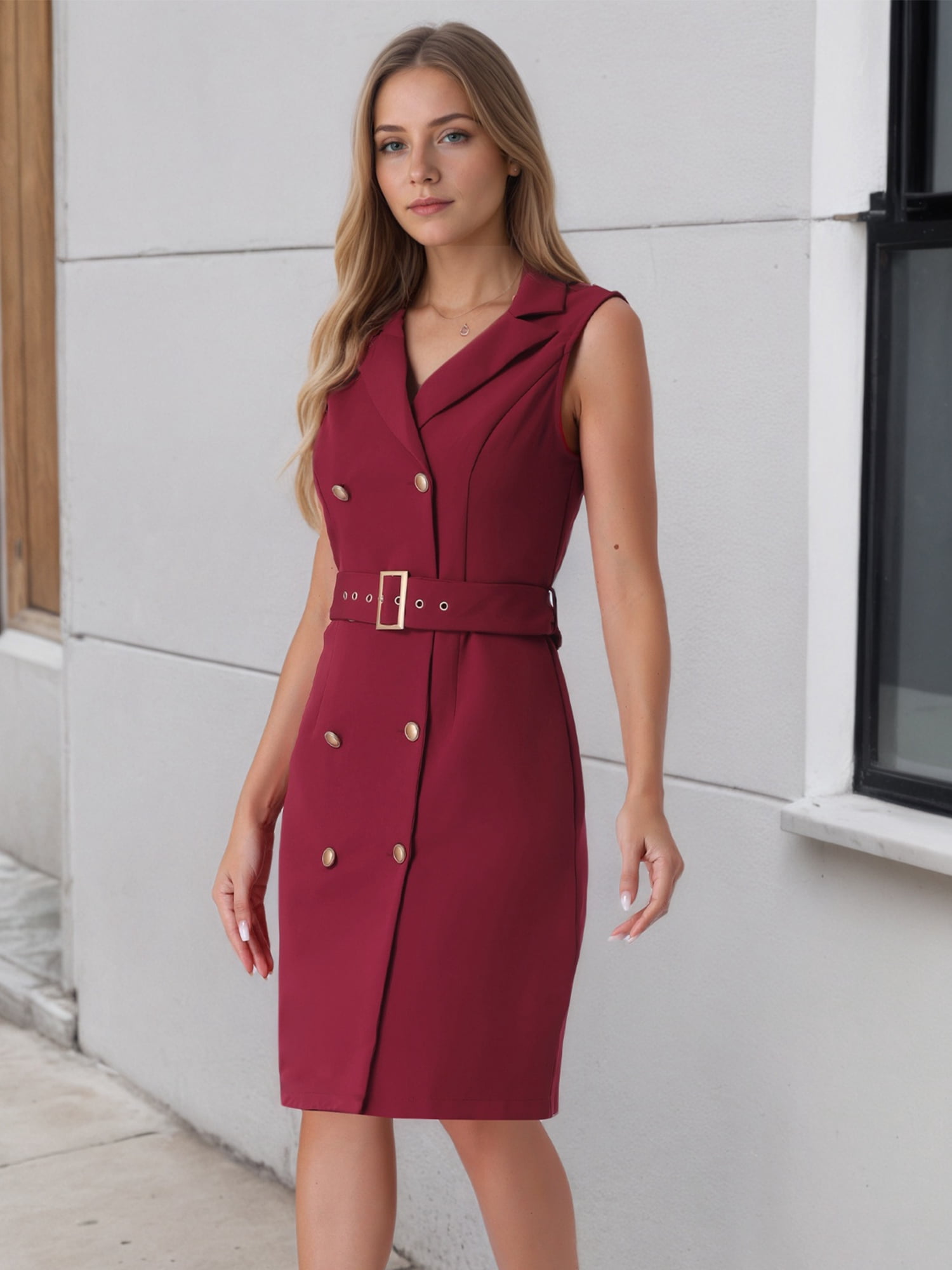 DARING DIVA Women's Blazer Office Sleeveless V Neck Button Down Dress XS Wine Red
