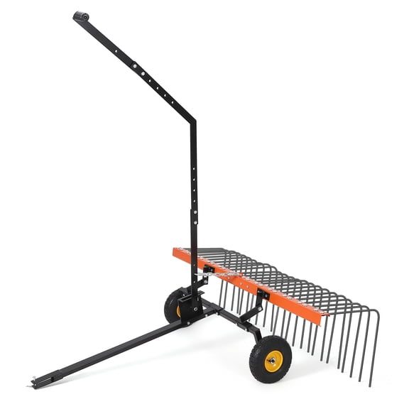 60inch Tow Behind Lawn Dethatcher, Lawn Dethatcher Rake with 24 Spring Steel Tines & Lift Handle for ATV or Mover Tractors, Tow Behind Lawn Rakes for Lawn Garden Farm Grass,Orange