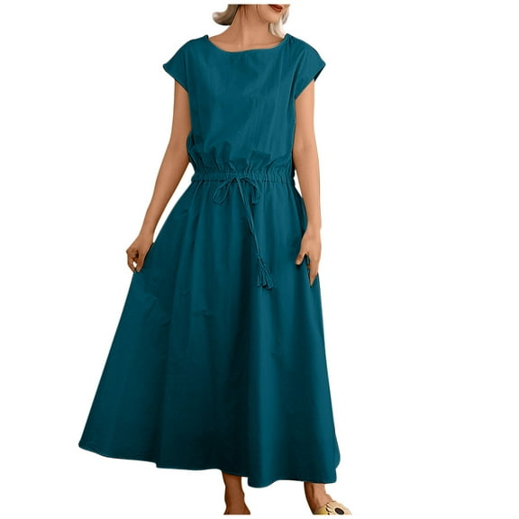 Jalioing Casual Midi Dress for Women Short Sleeve Sundress Drawstring Cotton Linen Dresses
