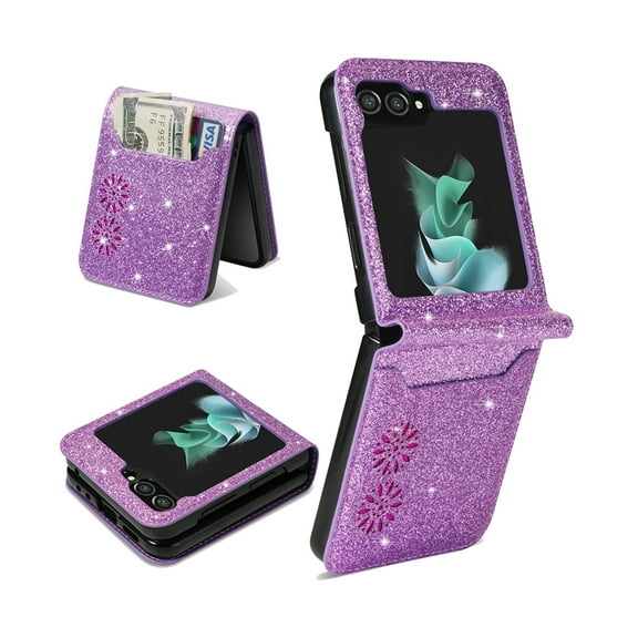Allytech Wallet Case for Samsung Galaxy Z Flip 5 5G - Glitter Leather Stand Multiple Cards HolderShockproof Flip Folio Cover Stand - Purple