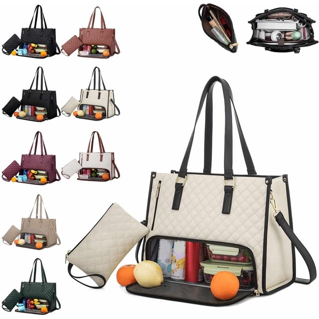 2 in 1 Tote Bag Lunch Bag Combo,15.6 Inch Lunch Bag with Compartment,Leakproof Cooler,Backpack Purse,Work Computer Handbag (Beige)