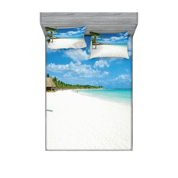 Ambesonne Beach Fitted Sheet & Pillow Sham Set, Tropical Island Seashore, Queen, Blue White Green
