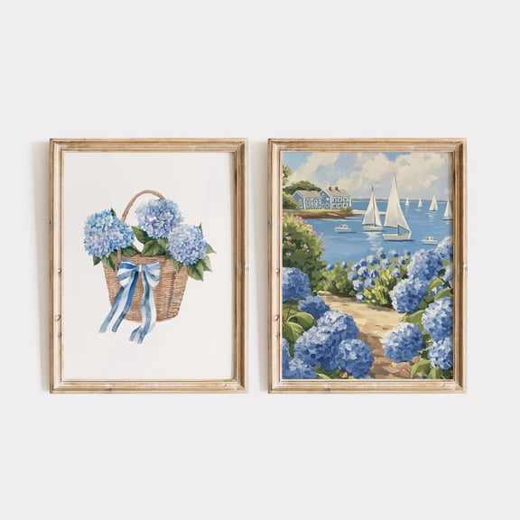 Luvia Hydrangea Coastal Granddaughter Set, Blue Flower Basket & Sailboats, Nautical Preppy Decor Artwork, Modern Wall Decor Set 2 Prints 8x12 UNFRAMED