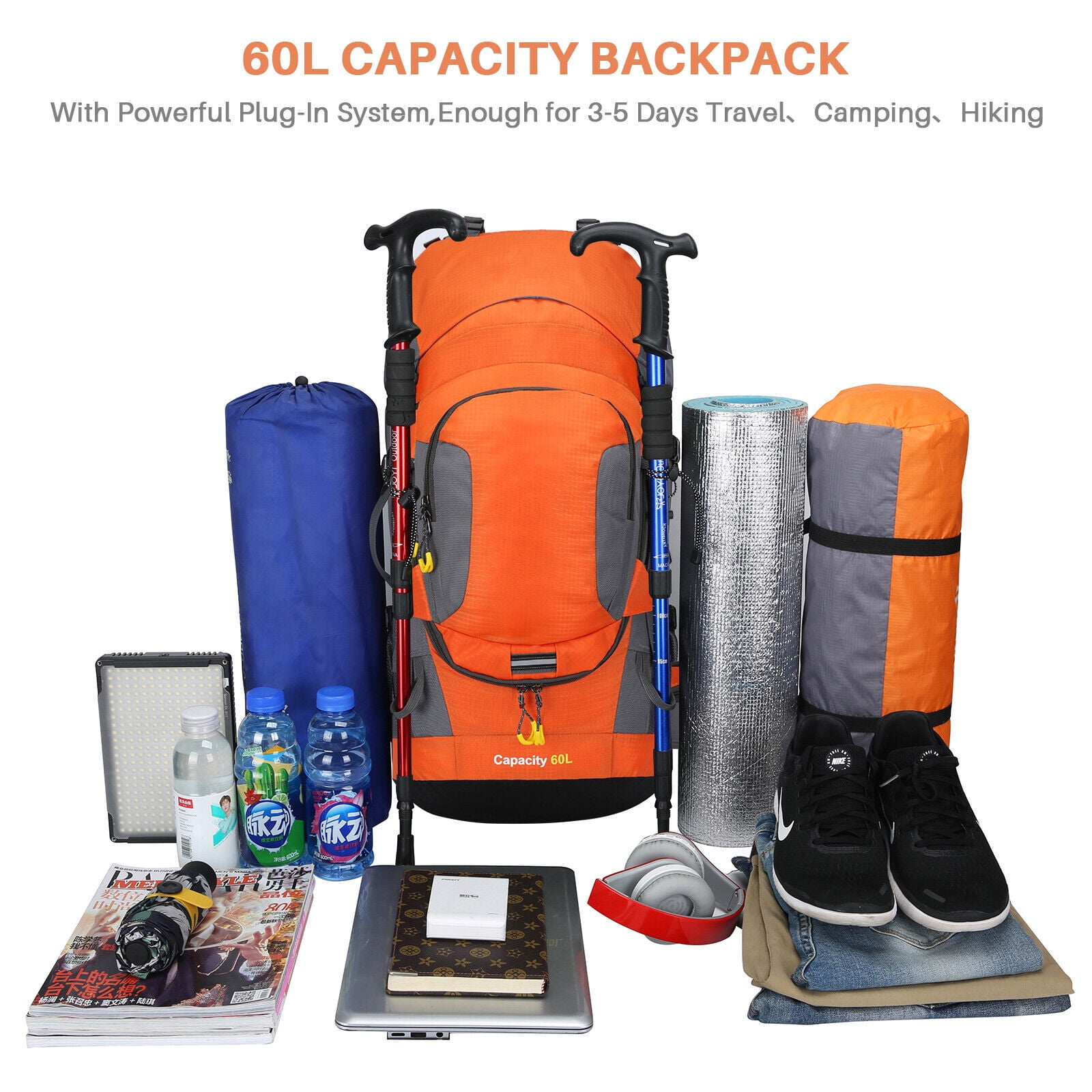 SHANNA 60L Waterproof Hiking Camping Backpack with Rain Cover Camping Rucksack Lightweight Hunting Rucksack,Orange