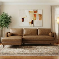 Simpli Home Morrison Mid Century Left Sectional 102 inch Wide Sofa Sectional in Caramel Brown Genuine Leather