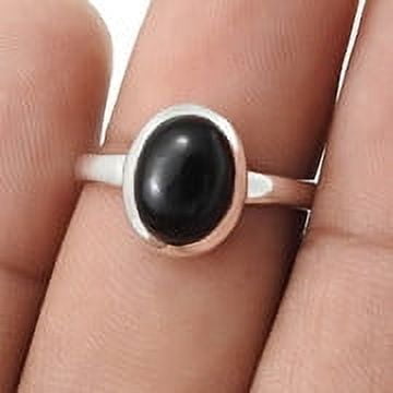 Oval Black Onyx Stone 925 Sterling Silver Promise Band Bezel Ring Jewelry Size 7