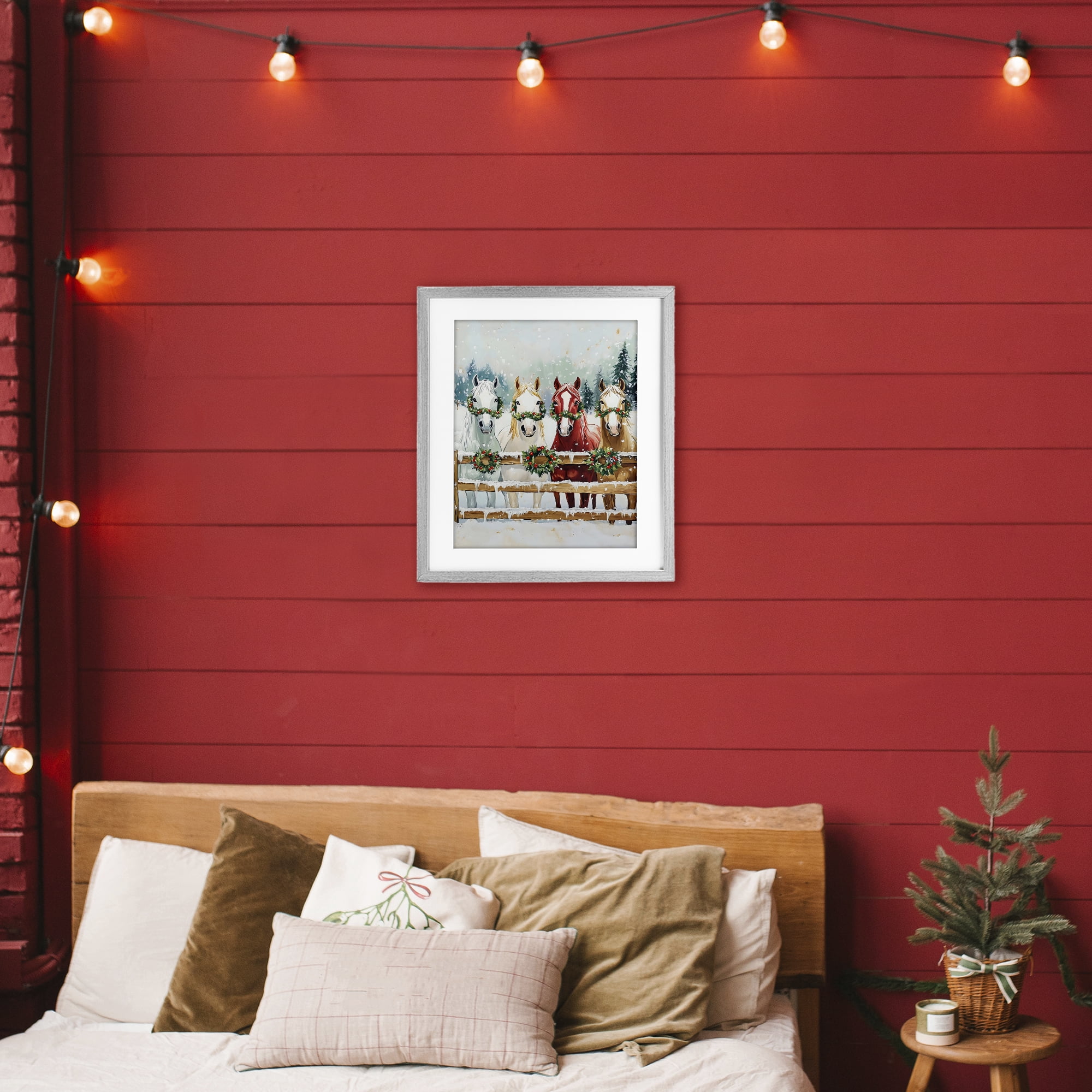 Stupell Industries Christmas Horses with Holly Wreaths Gray Framed Print Under Glass, design by The Prints Vibe