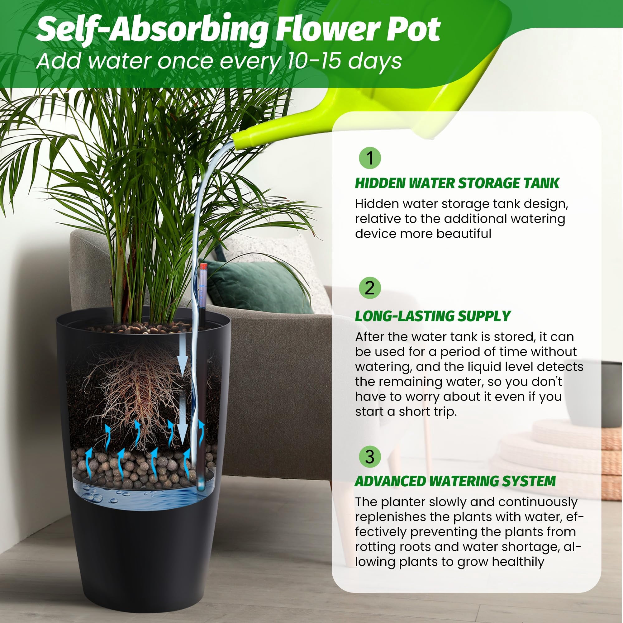 Garvee 2-Pack 22 in Tall Planters for Outdoor Plants with Water Level Monitor ＆ Inner Bucket, Black