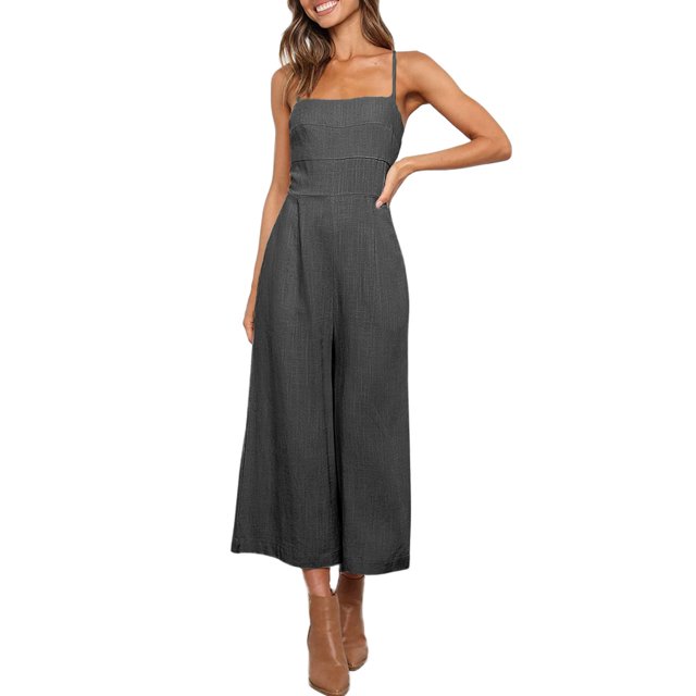 Txlixc Mono de verano para mujer Tirantes finos ajustables Cintura alta Pierna ancha Mono recortado Mamelucos con bolsillos Txlixc Estilo de ocio