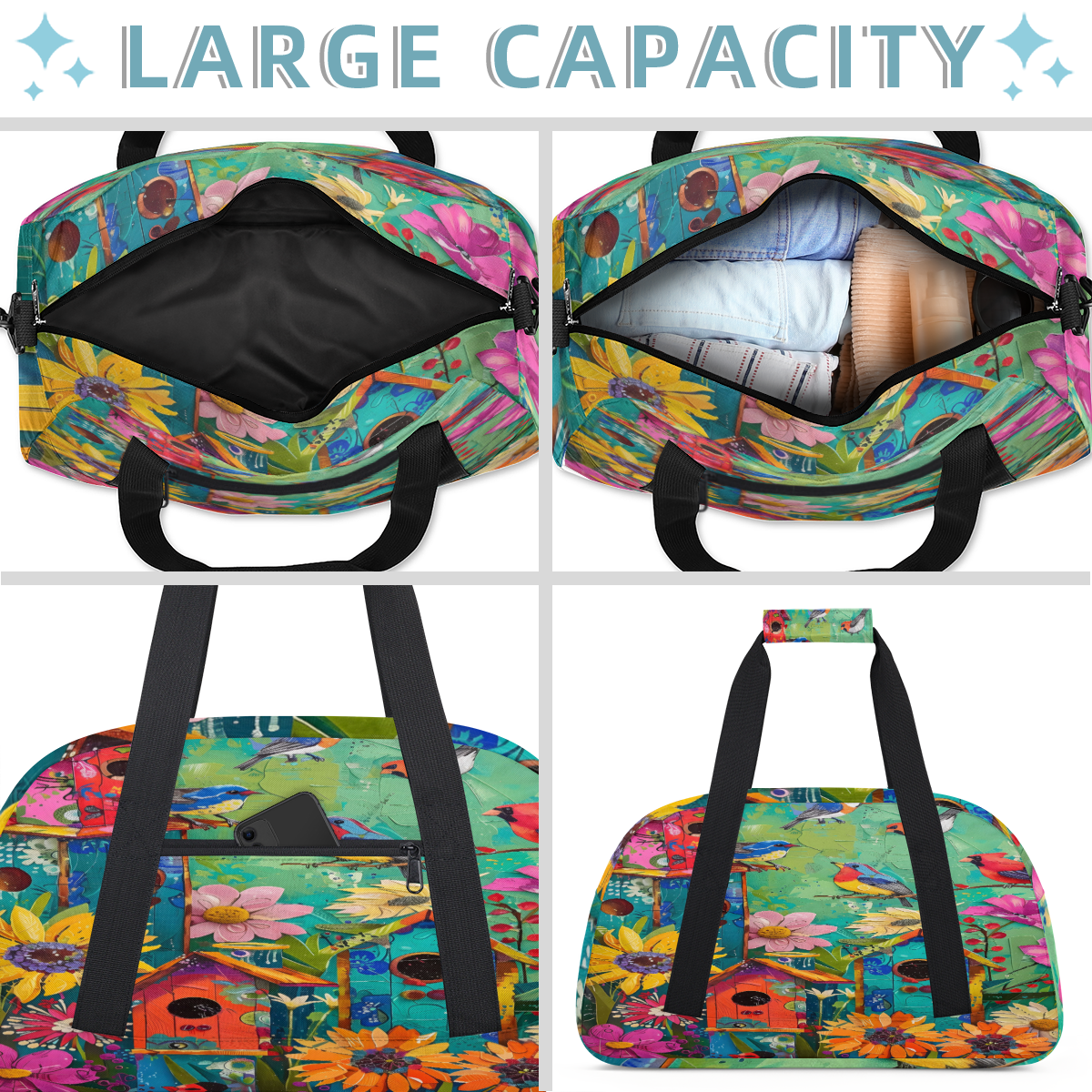 Herdesigns Sports Duffle Bags Travel Duffle Bag Gym Bag Colorful Birdhouses Garden Birds Weekender Travel Bag Waterproof Overnight Bag Carry On Travel Tote Bag Dance Bags