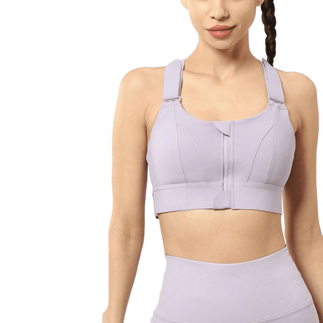 Womens High Impact Sports Bra Front Zipper Closure Adjustable Velcro Straps Shockproof Post-Surgery Workout Bra