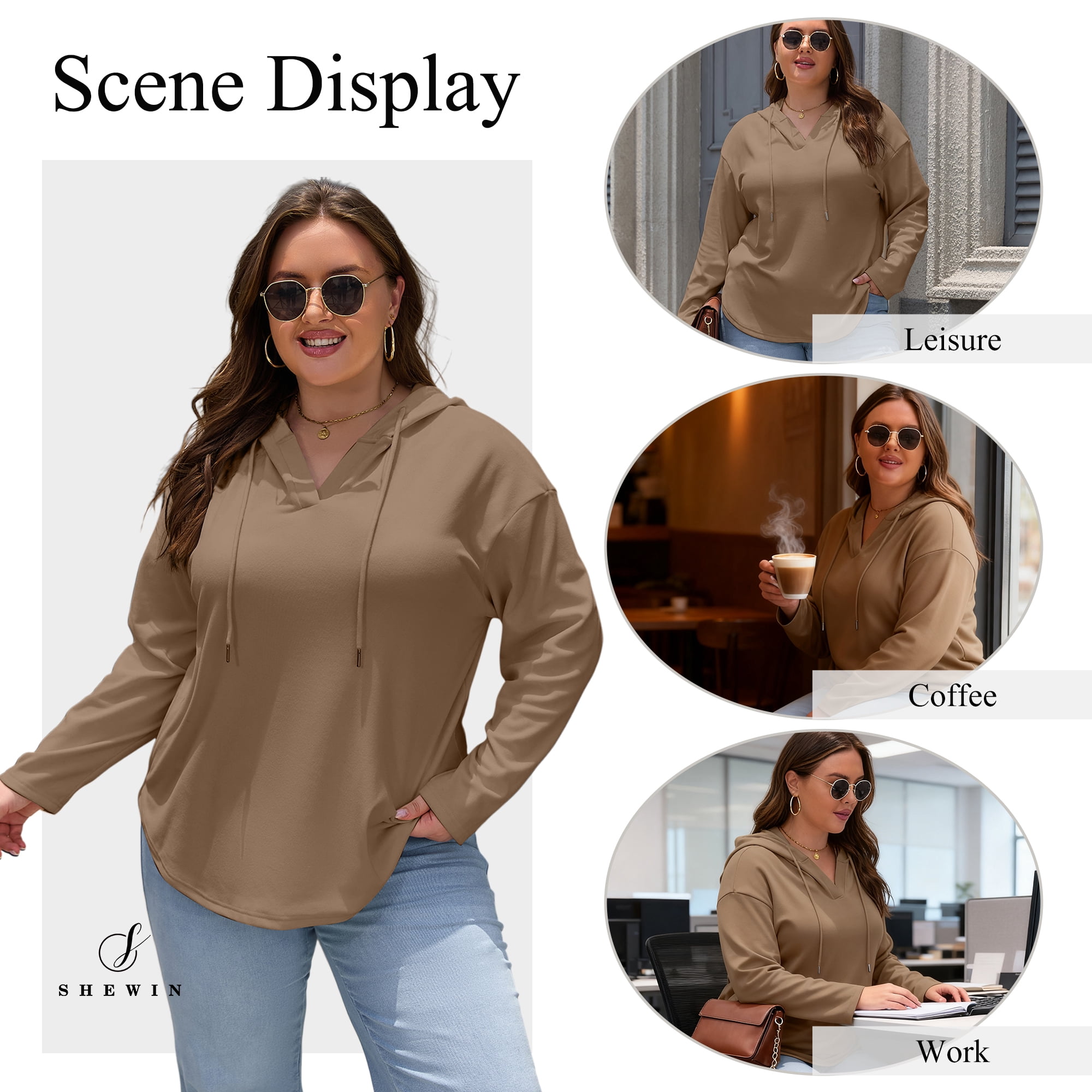 SHEWIN Sweatshirt for Women Plus Size Hooded Sweatshirts Fleece Sweatshirt V Neck Drawstring Long Sleeve Hoodie Pullover Tops for Fall 2025 Brown 2X