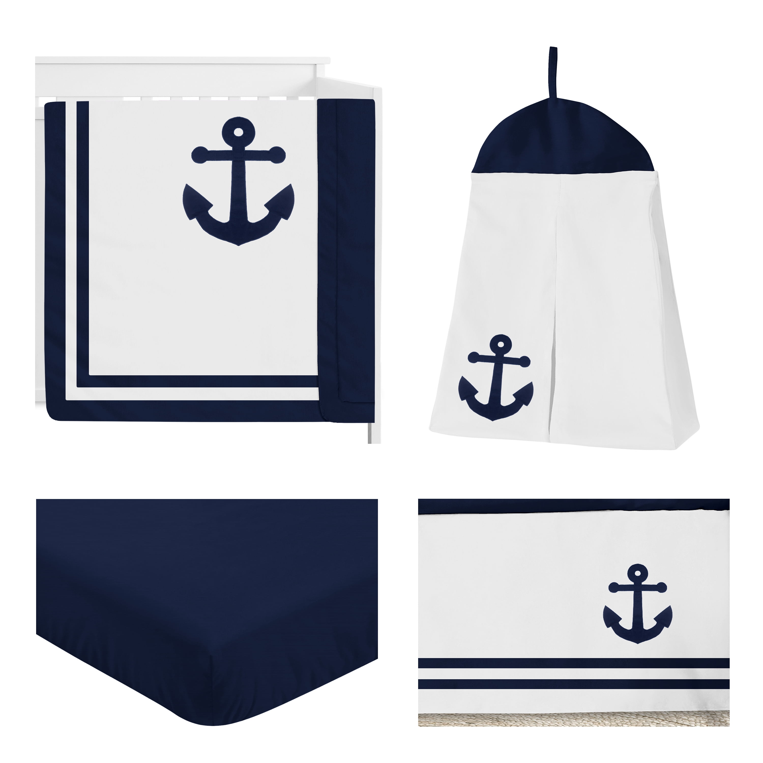Sweet Jojo Designs Anchors Away White and Blue 4 Piece Crib Bedding Set