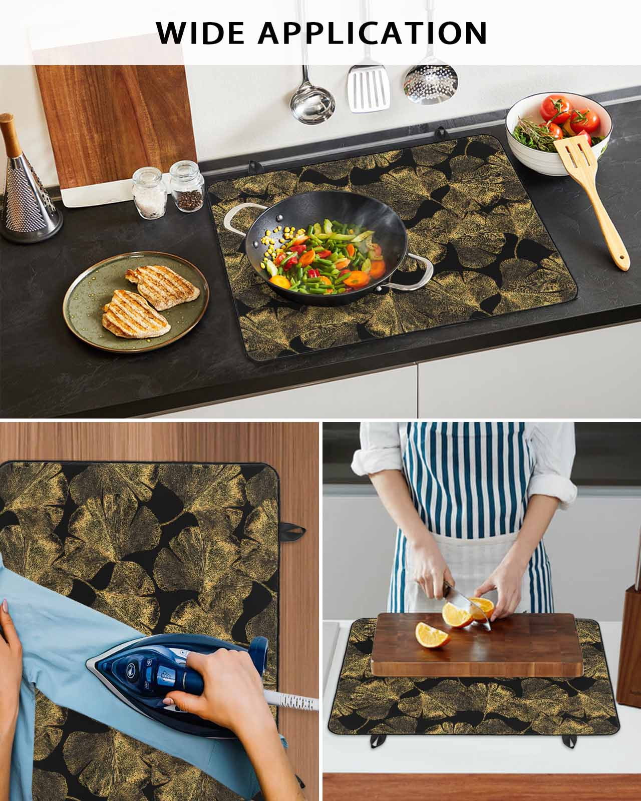 nqOlkjepod Large Induction Cooktop Protector Mat 36"x21", Yellow Black Leaves Stove Top Covers for Electric Stove, Vintage Abstract Art Botanical Stove Burner Cover Mats, Glass Top Stove Cover