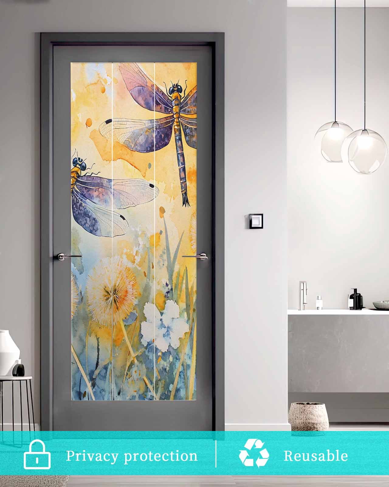 Window Privacy Film Yellow Dragonfly Spring Floral Stained Glass Window Film Decorative Sun Block Window Cover Summer Botanical Window Clings Static Adhesive Sticker for Bathroom 29.5"x78.7"