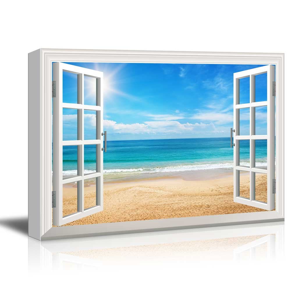 Canvas Print Wall Art Window Frame Style Wall Decor Beach View on a