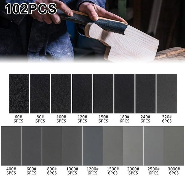 Vensio -102Pcs Sandpaper Assortment for Automotive Sanding and Polishing, 60 to 3000 Grit Silicon Carbide Sandpaper for Wet and Dry Use, Multi-Grade Set with Storage Box