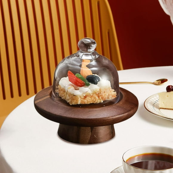 Elodie Wooden Cake Stand Display Stand Clear Glass Dome Table Centerpiece Cake Dome Snack Fruit Dessert Plate Serving Tray for Party