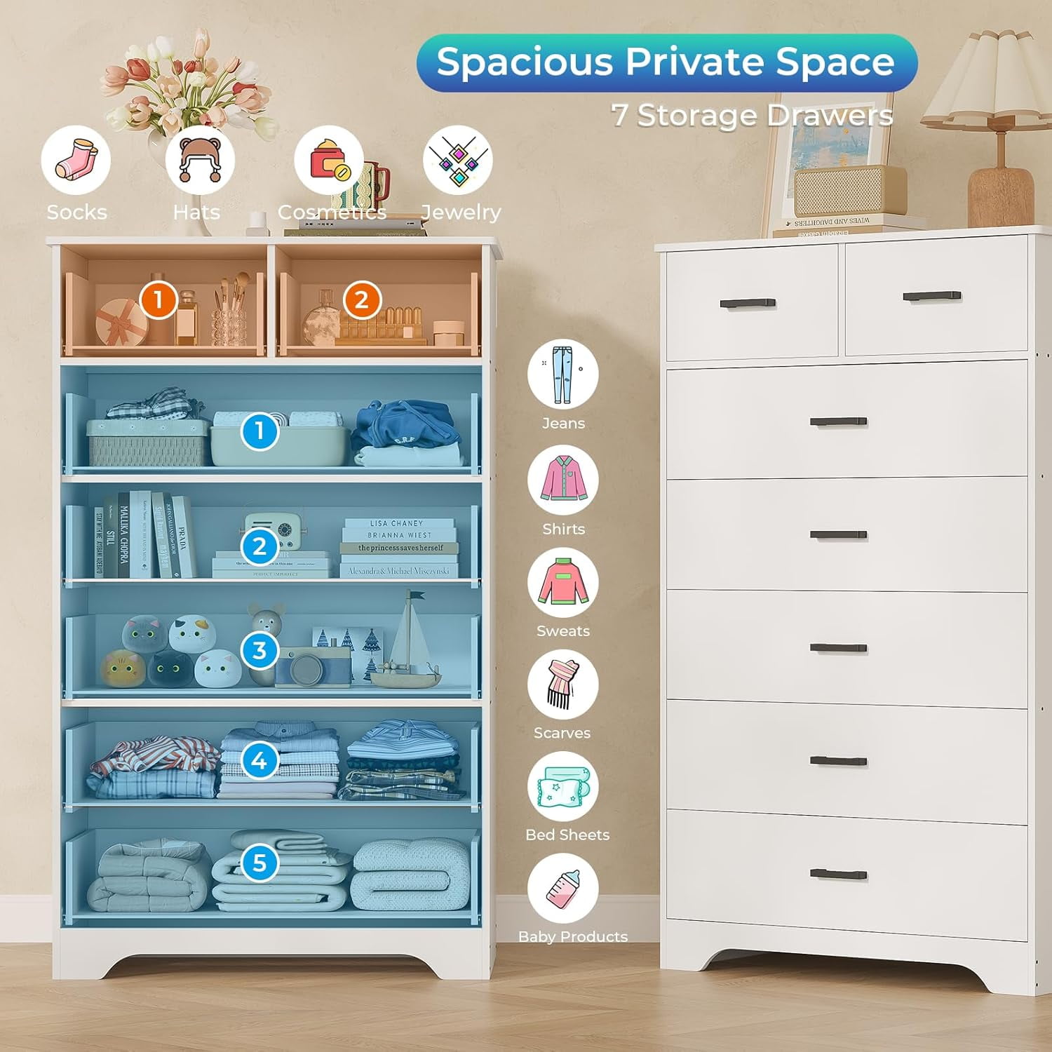 White 7 Drawers Dresser for Bedroom, Modern Chest of Drawers with Metal Handle, Vertical Dresser Storage Cabinets for Living Room Hallway