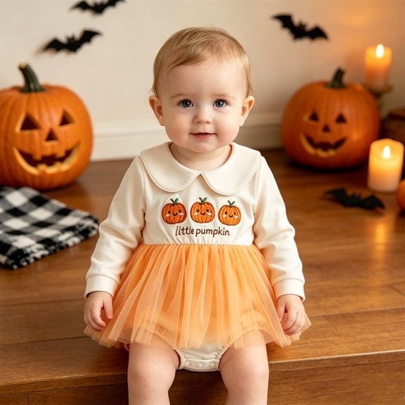 Newborn Halloween Outfit Long Sleeve Pumpkin Romper Dress Newborn Girl Clothes Winter