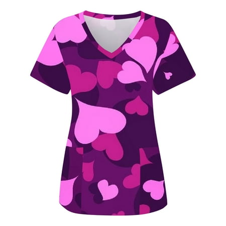 

Black Scrubs Tops For Women With Pockets Love American Flag Print Short Sleeve Workwear V-Neck Pockets Tops Working Shirt