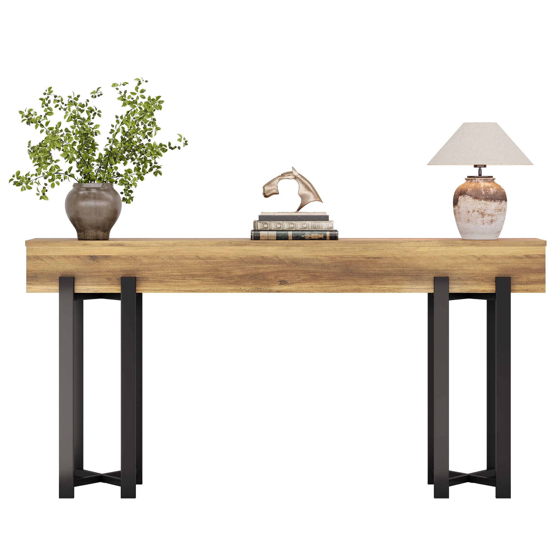 Tribesigns 63-Inch Console Table for Entryway, Industrial Behind Couch Table, Minimalist Sofa Table for Living Room, Rustic Brown Wooden Hallway Foyer Table with Black Metal Frame