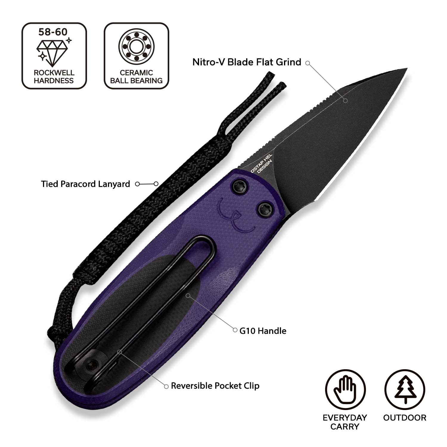 CIVIVI Purr Pocket Knife Folding Knife Slip Joint Knife with 1.83" Black Stonewashed Nitro-V Blade Purple & Black G10 Handle C25054-3, With 1PC Black Lanyard