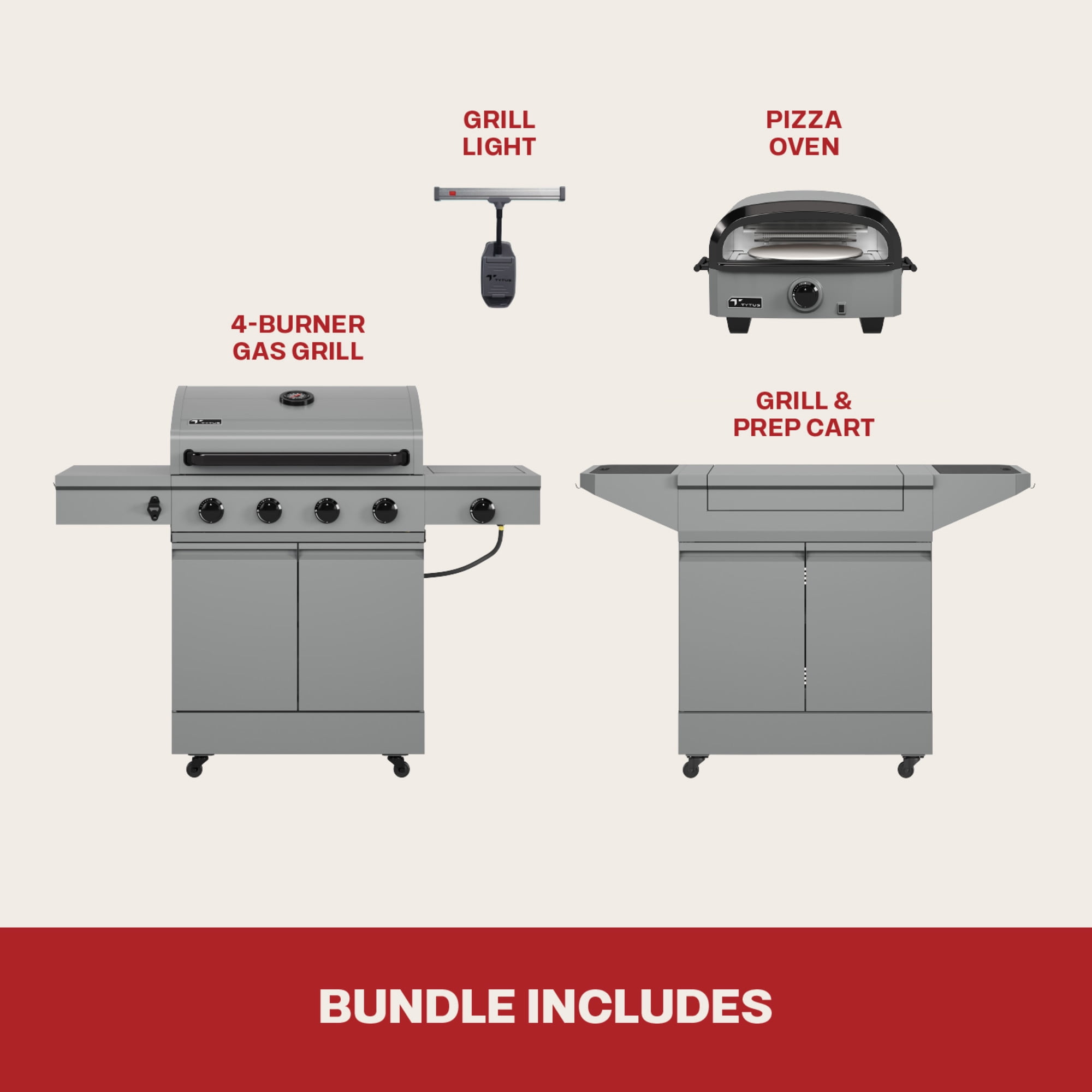 TYTUS Modular Grilling Collection 4-Burner Gas Grill, Pizza Oven with Cart, and Grill Light