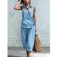 thumbnail image 4 of ibuvkizy Linen 2 Piece Set Women Cotton-Linen Outfit Set,Collared Sleeveless Wrap V Neck Ruched Tops & Elastic Waist Cropped Wide Leg Capri Pants with Pockets,Boho Casual Vacation Matching Suit, 4 of 7