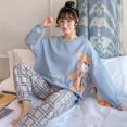 thumbnail image 1 of Conjunto de 2 piezas de pijama para mujer, ropa de dormir informal, manga larga, cuello redondo, traje suelto, pantalones y camisetas a cuadros, primavera y otoño, 1 of 4