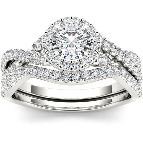 1 Carat T.W. Diamond Criss-Cross Shank Single Halo Engagement Ring Set ...