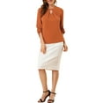 thumbnail image 3 of MODA NOVA Junior's Round Neck Keyhole Pleated Shirred 3/4 Sleeve Blouse Brown L, 3 of 7