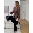 thumbnail image 5 of Women's French Old Money Style Brown Striped Tie Waist Blouse Boat Neck Long Sleeve Fitted Top for Fall Winter Office Commute Daily Outfits with Black Pants, 5 of 5