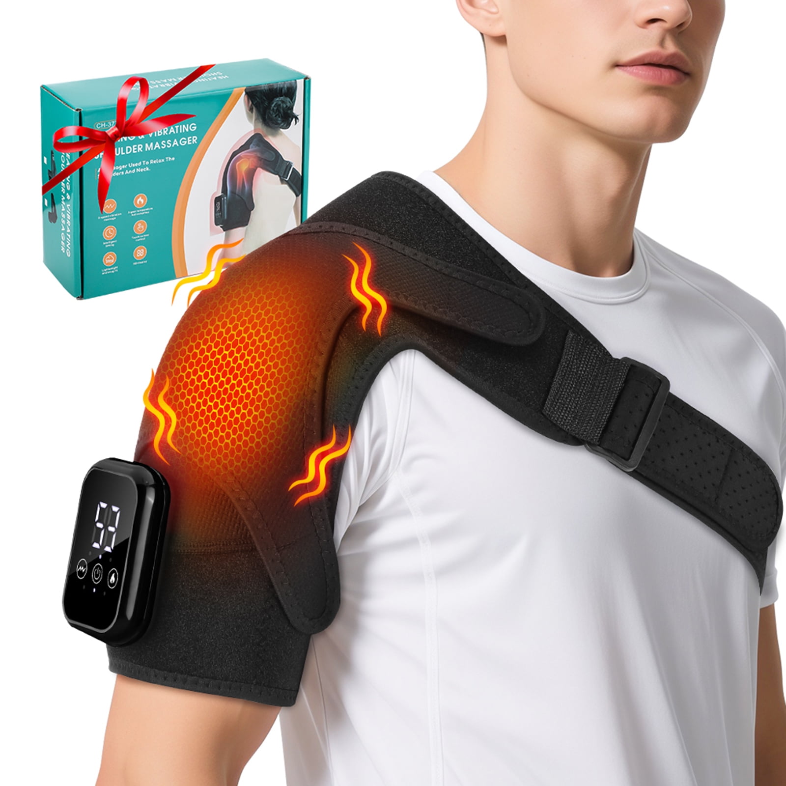 Heated Shoulder Wrap Brace with Massage, Cordless Rechargeable Shoulder Heating Pad Massager with 3 Heat Levels & 3 Vibration Modes, Timer, Black